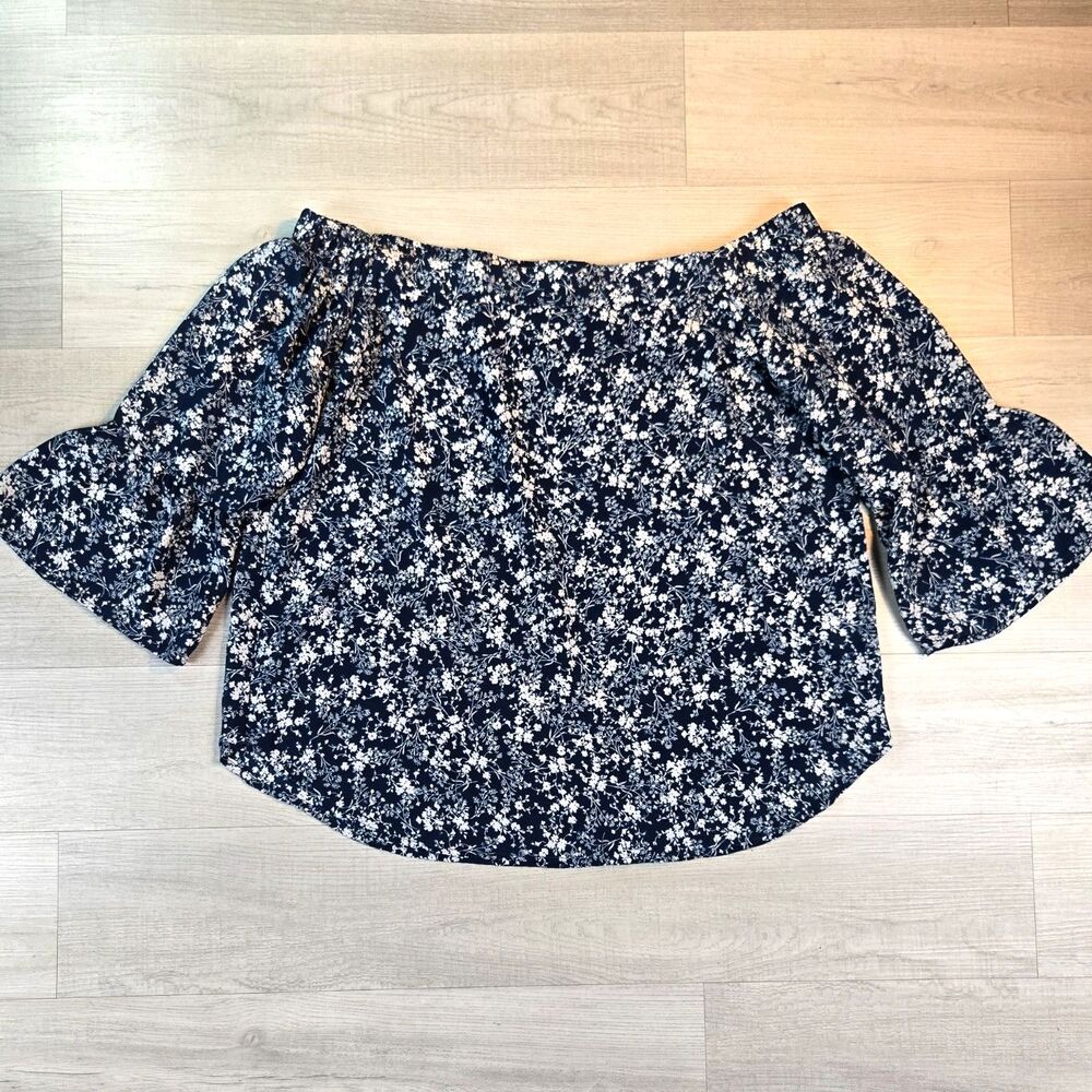 Verse Ditsy Floral Print Off Shoulder Top Ruffle Elastic Neck 3/4 Sleeve